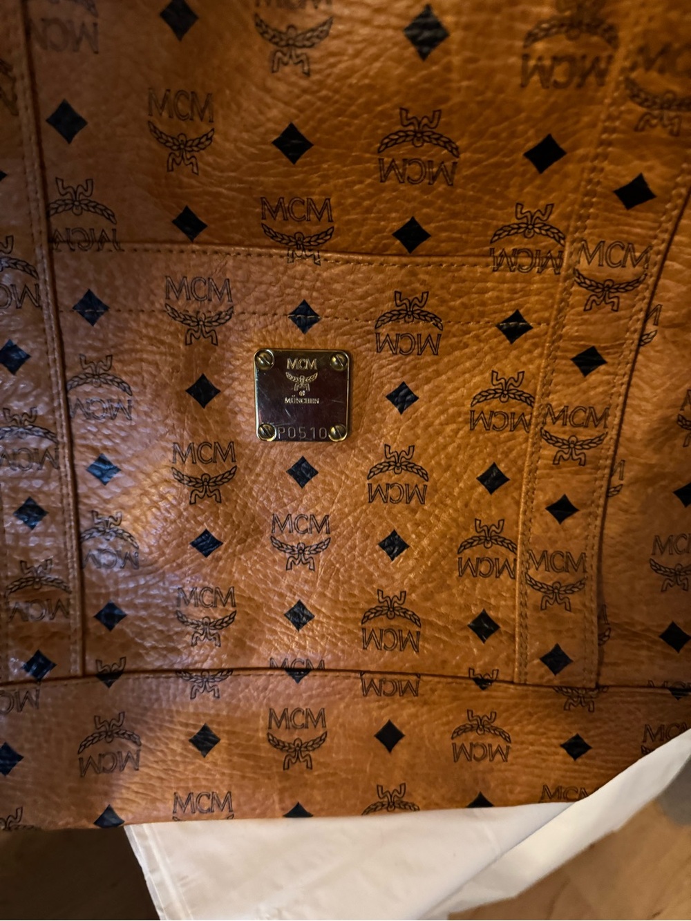 MCM Cognac Monogrammed Leather Tote with Gold Plaque
